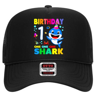 Birthday Shark 1st Girl One 1 Year Old Family High Crown Mesh Back Trucker Hat