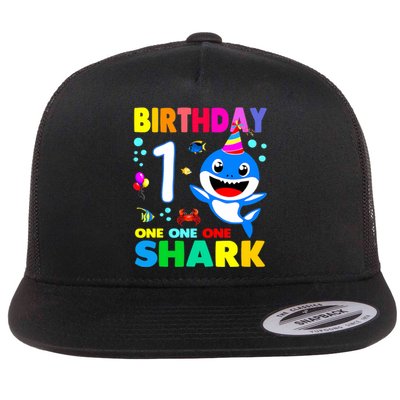 Birthday Shark 1st Girl One 1 Year Old Family Flat Bill Trucker Hat