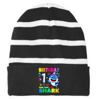 Birthday Shark 1st Girl One 1 Year Old Family Striped Beanie with Solid Band