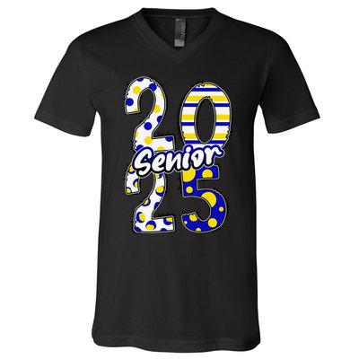 Bold Senior 2025 Polka Dot Stripes Graduation Style V-Neck T-Shirt