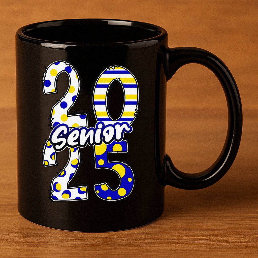 Bold Senior 2025 Polka Dot Stripes Graduation Style 11oz C Handle Ceramic Mug