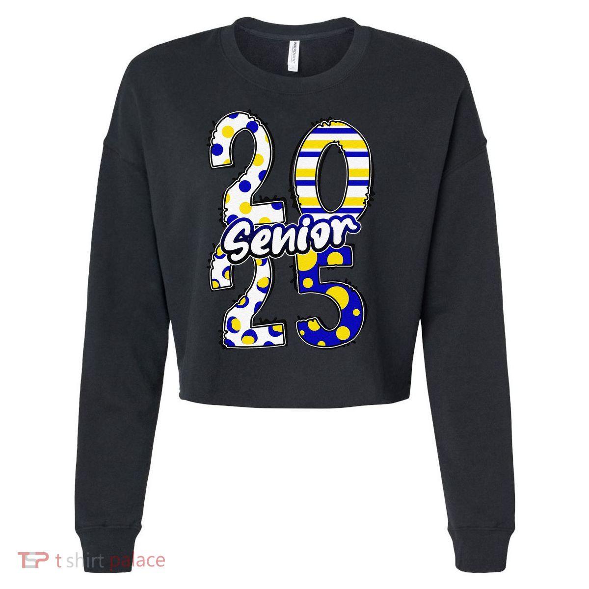 Bold Senior 2025 Polka Dot Stripes Graduation Style Cropped Pullover Crew