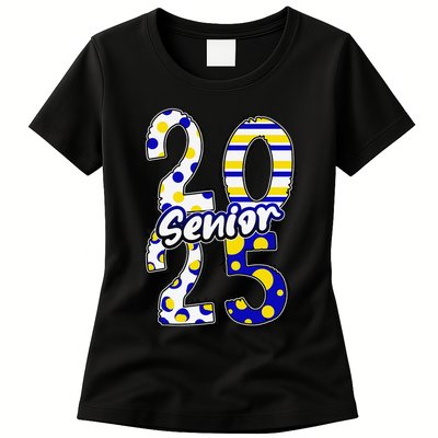 Bold Senior 2025 Polka Dot Stripes Graduation Style Womens T-Shirt
