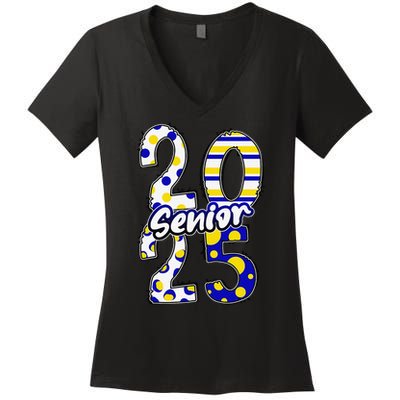 Bold Senior 2025 Polka Dot Stripes Graduation Style Women's V-Neck T-Shirt