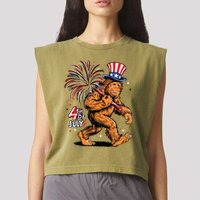 Bigfoot Sasquatch 4th Of July Fireworks Garment-Dyed Women's Muscle Tee