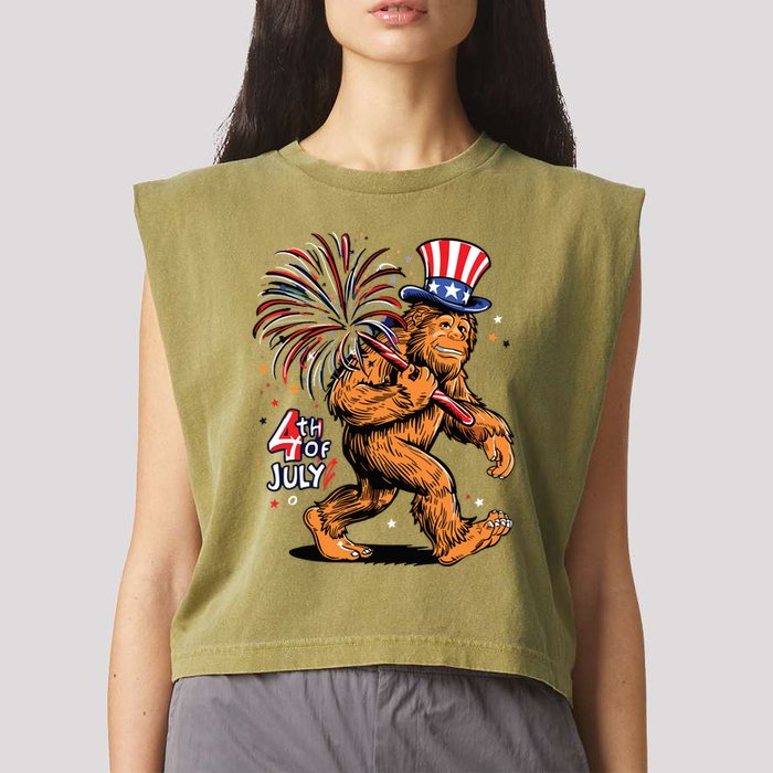 Bigfoot Sasquatch 4th Of July Fireworks Garment-Dyed Women's Muscle Tee