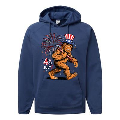 Bigfoot Sasquatch 4th Of July Fireworks Performance Fleece Hoodie