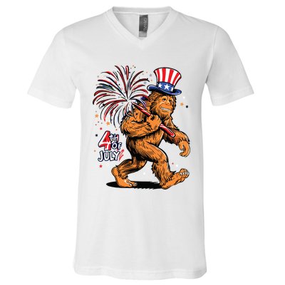 Bigfoot Sasquatch 4th Of July Fireworks V-Neck T-Shirt