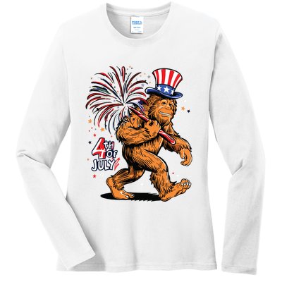 Bigfoot Sasquatch 4th Of July Fireworks Ladies Long Sleeve Shirt