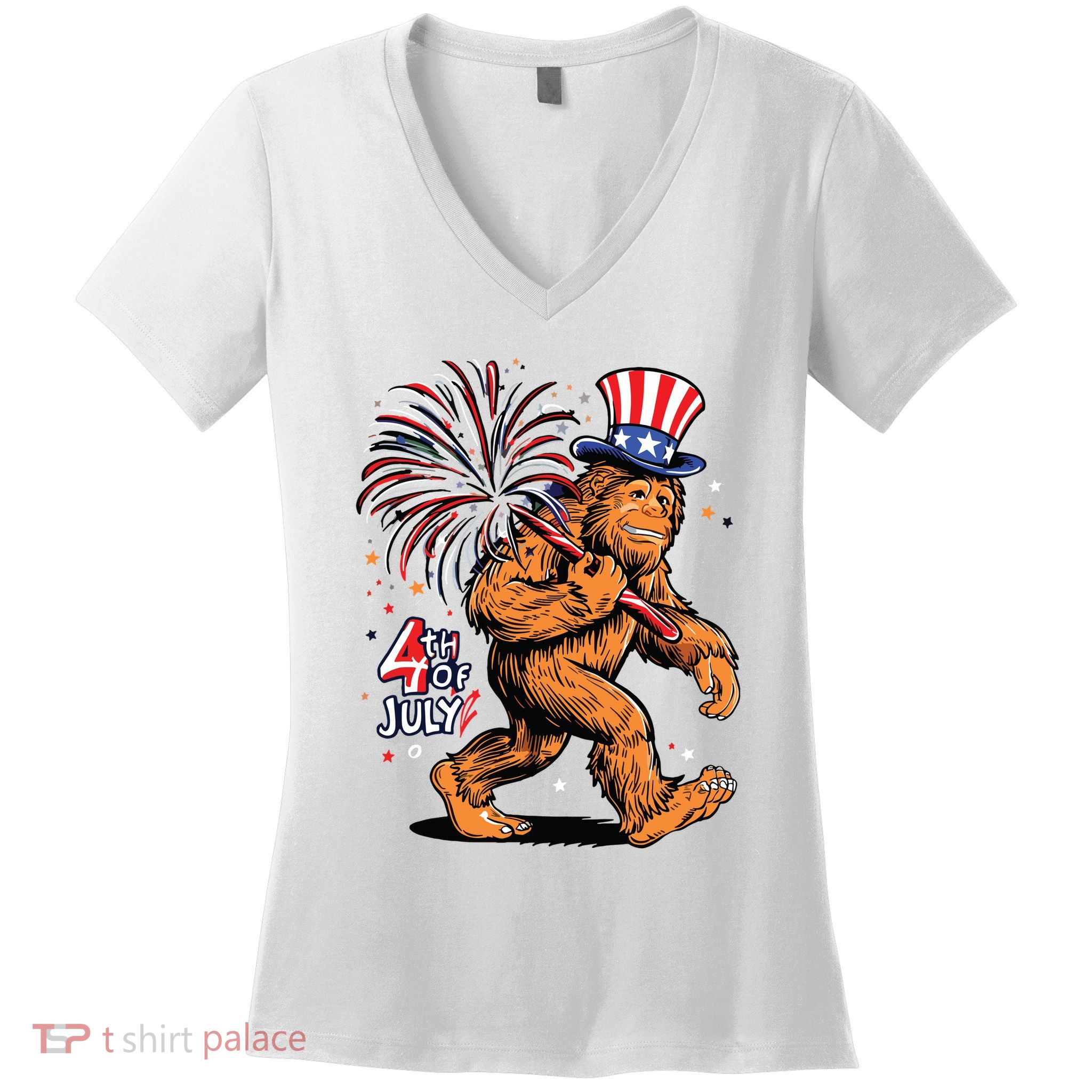 Bigfoot Sasquatch 4th Of July Fireworks Women's V-Neck T-Shirt