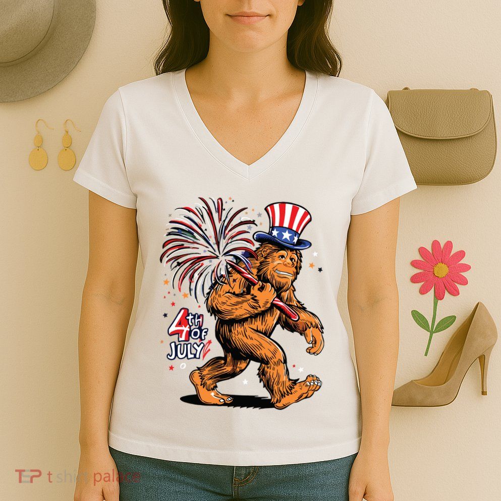 Bigfoot Sasquatch 4th Of July Fireworks Women's V-Neck T-Shirt