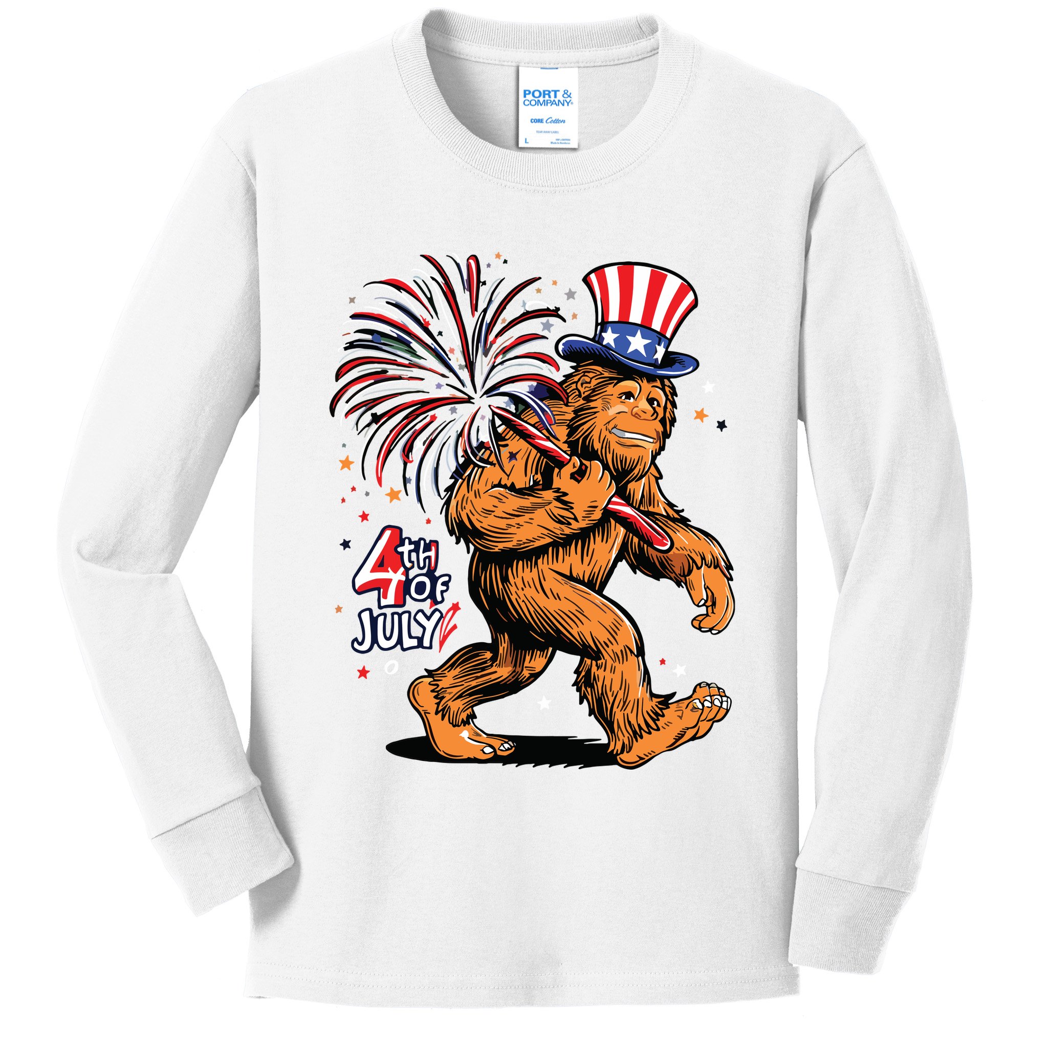 Bigfoot Sasquatch 4th Of July Fireworks Kids Long Sleeve Shirt