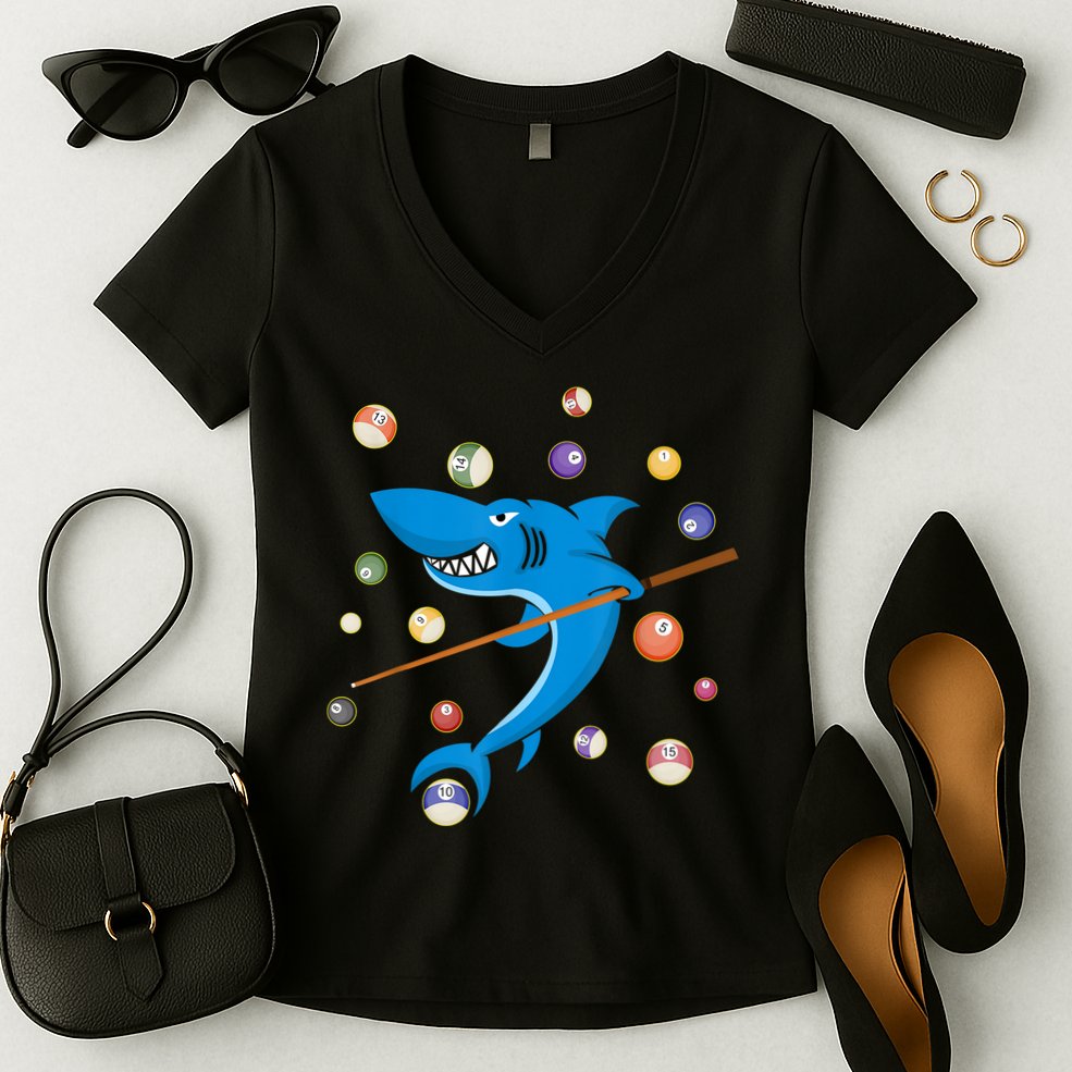 Billiard Shark 8 Ball Player Pool Table Cue Stick Snooker Women's V-Neck T-Shirt
