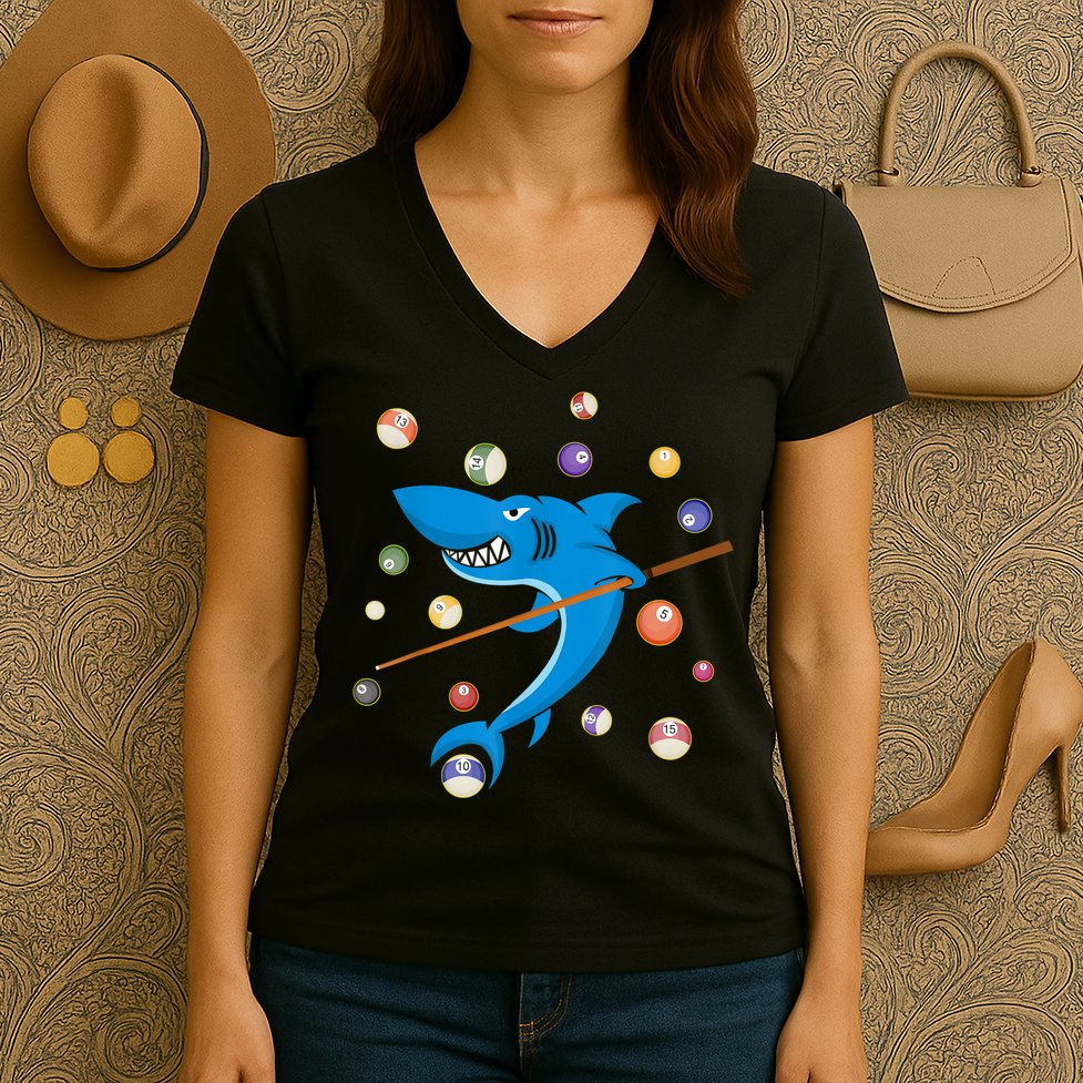Billiard Shark 8 Ball Player Pool Table Cue Stick Snooker Women's V-Neck T-Shirt