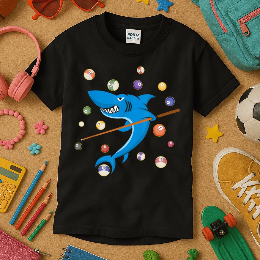Billiard Shark 8 Ball Player Pool Table Cue Stick Snooker Kids T-Shirt