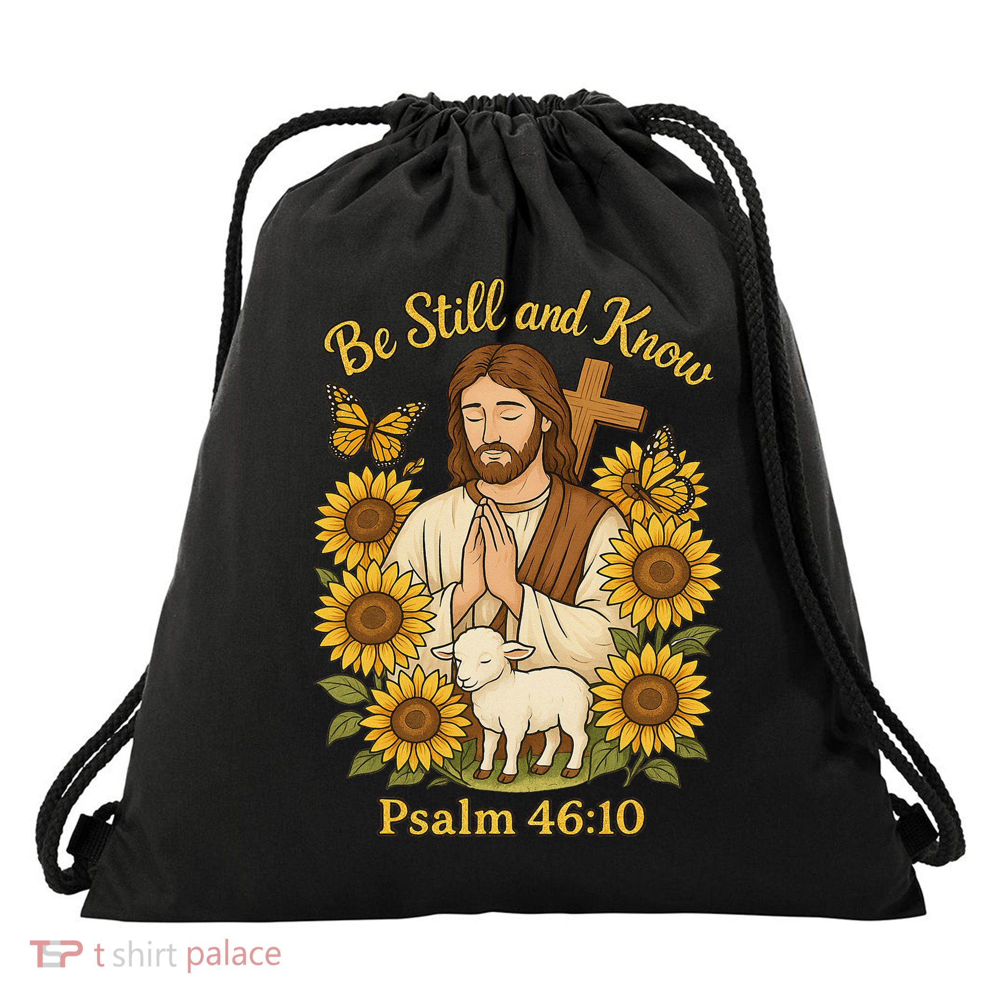 Be Still And Know Bible Verse Jesus With Lamb And Cross Drawstring Bag