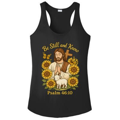 Be Still And Know Bible Verse Jesus With Lamb And Cross Ladies PosiCharge Competitor Racerback Tank