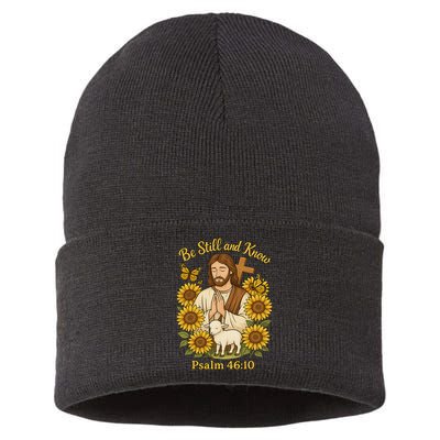 Be Still And Know Bible Verse Jesus With Lamb And Cross Sustainable Knit Beanie