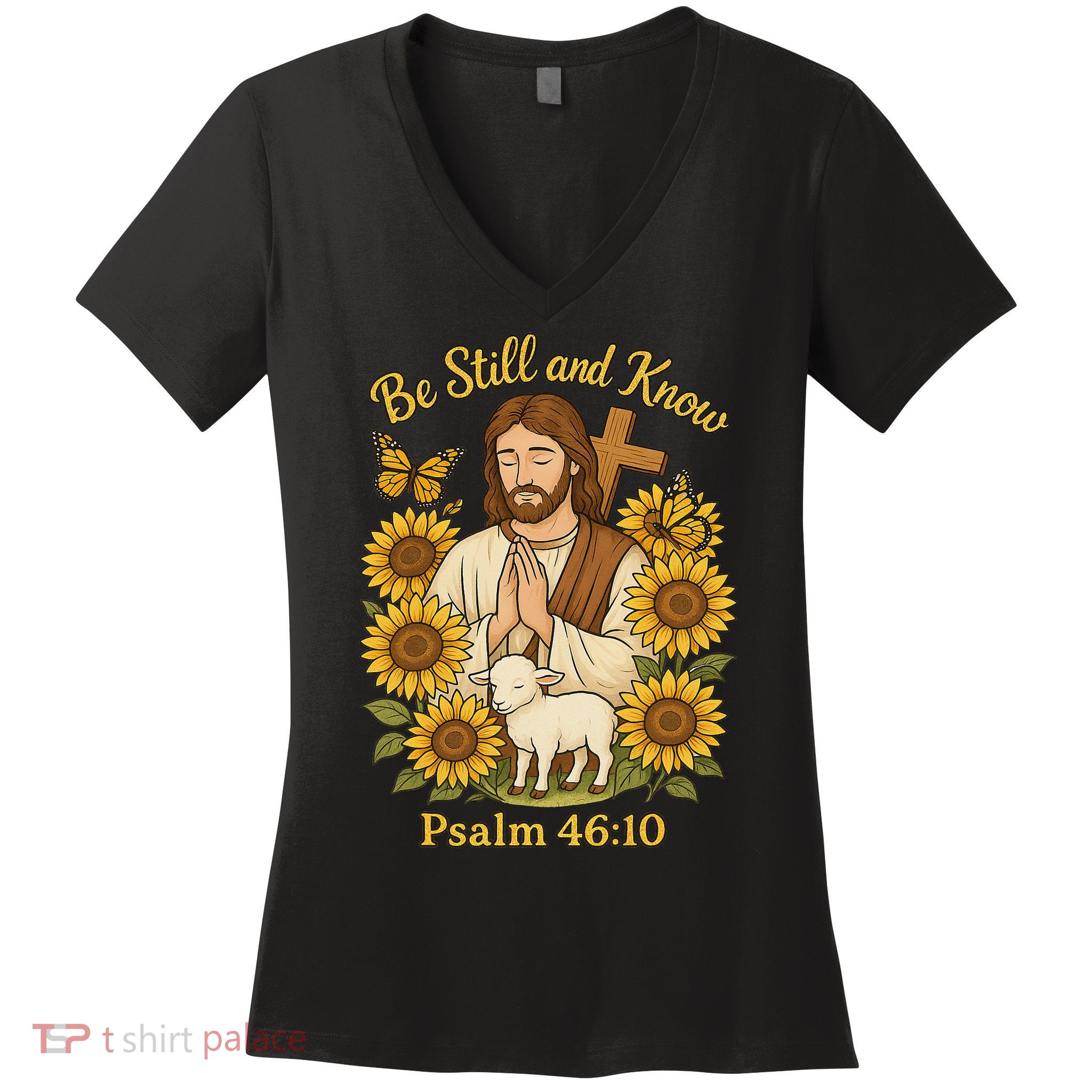 Be Still And Know Bible Verse Jesus With Lamb And Cross Women's V-Neck T-Shirt