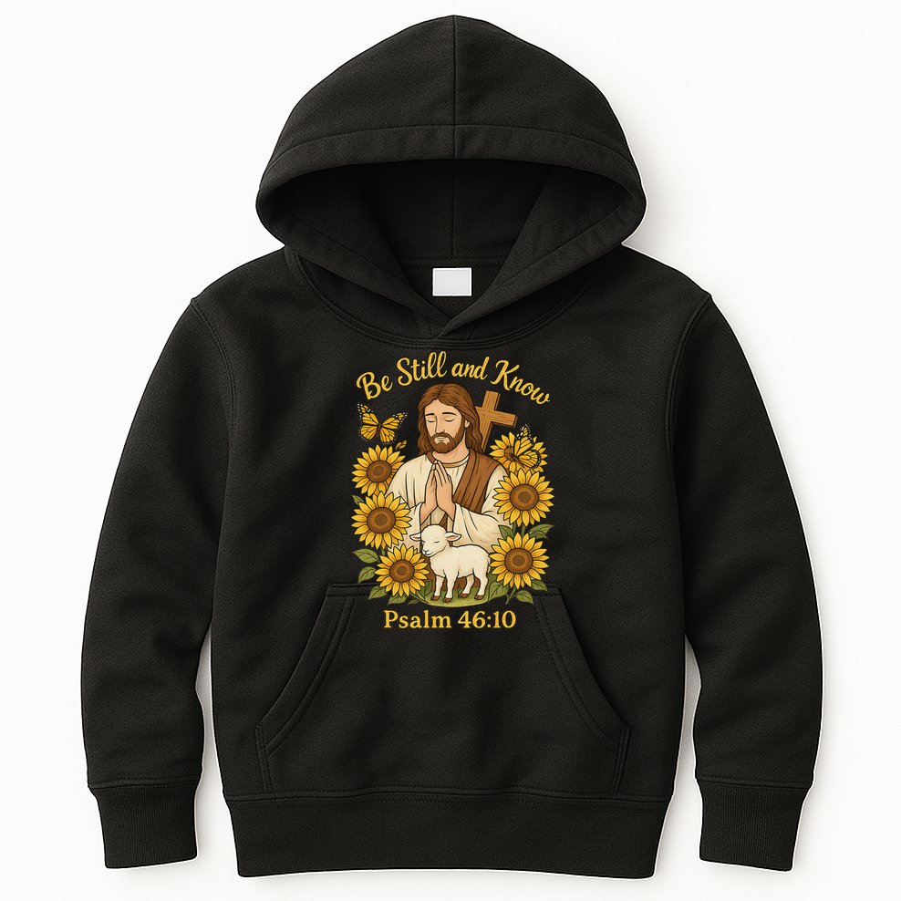 Be Still And Know Bible Verse Jesus With Lamb And Cross Kids Hoodie