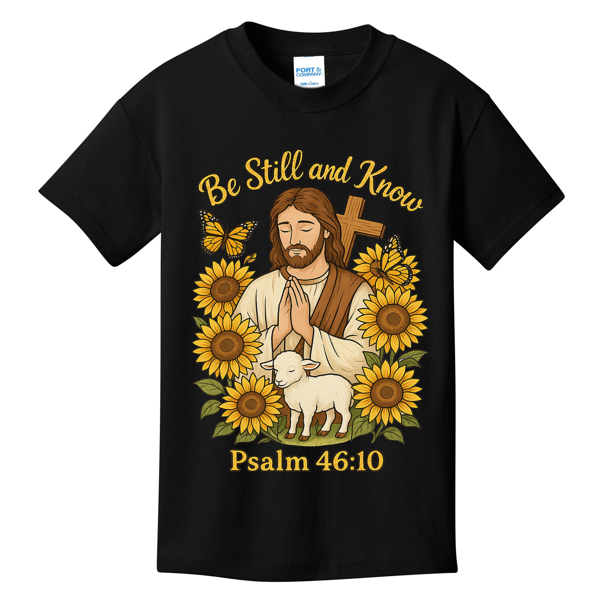 Be Still And Know Bible Verse Jesus With Lamb And Cross Kids T-Shirt