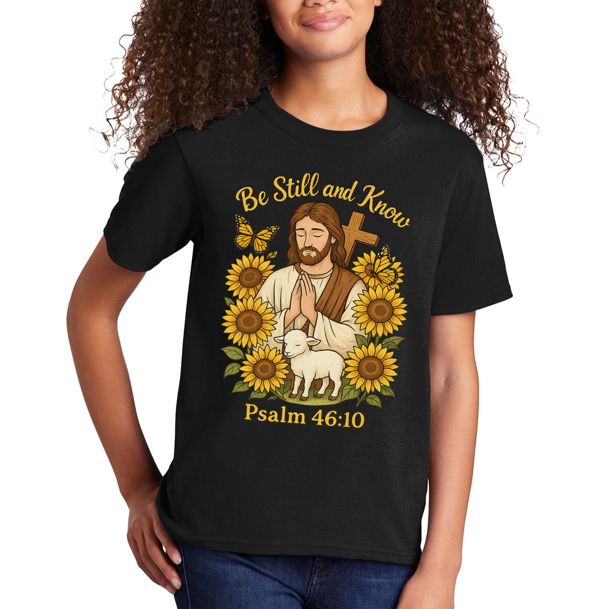 Be Still And Know Bible Verse Jesus With Lamb And Cross Kids T-Shirt