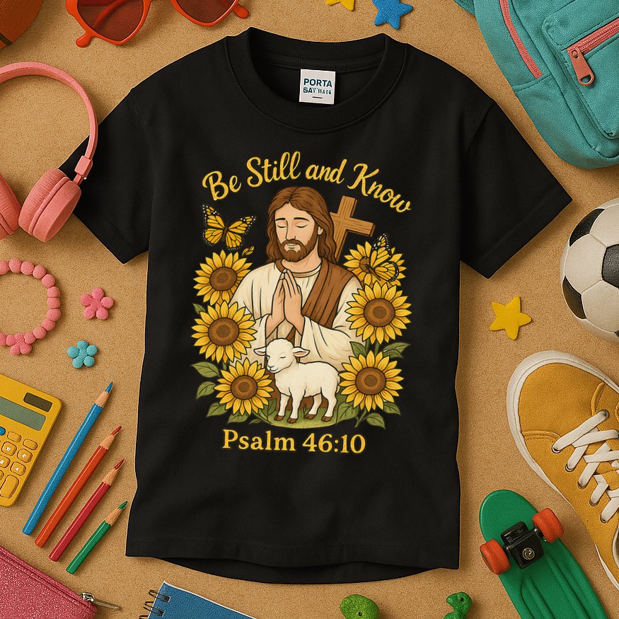 Be Still And Know Bible Verse Jesus With Lamb And Cross Kids T-Shirt