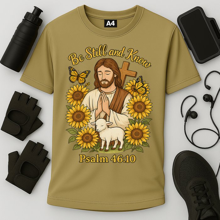 Be Still And Know Bible Verse Jesus With Lamb And Cross Cooling Performance Crew T-Shirt