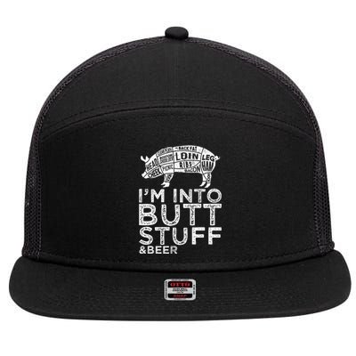 Butt Stuff And Beer Pork Cuts Grilling BBQ Jokes Anti Vegan 7 Panel Mesh Trucker Snapback Hat