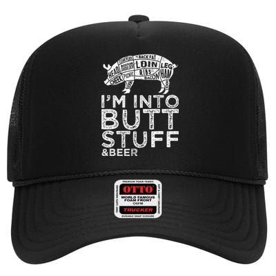 Butt Stuff And Beer Pork Cuts Grilling BBQ Jokes Anti Vegan High Crown Mesh Back Trucker Hat