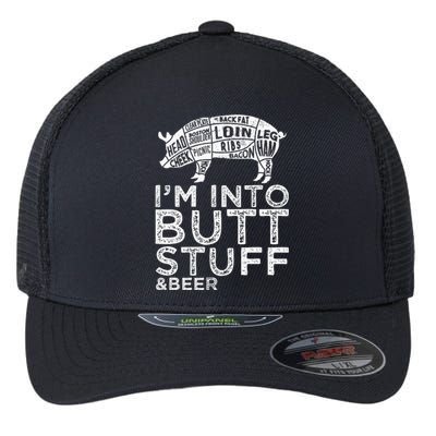 Butt Stuff And Beer Pork Cuts Grilling BBQ Jokes Anti Vegan Flexfit Unipanel Trucker Cap