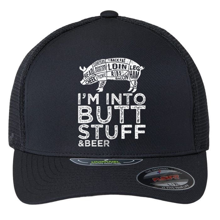 Butt Stuff And Beer Pork Cuts Grilling BBQ Jokes Anti Vegan Flexfit Unipanel Trucker Cap