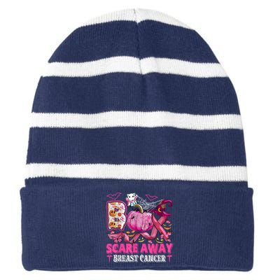 Boo Scare Away Breast Cancer Pink Ribbon Spider Halloween Striped Beanie with Solid Band