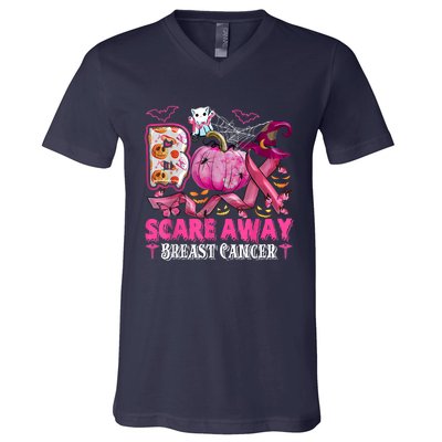 Boo Scare Away Breast Cancer Pink Ribbon Spider Halloween V-Neck T-Shirt