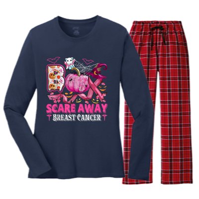 Boo Scare Away Breast Cancer Pink Ribbon Spider Halloween Women's Long Sleeve Flannel Pajama Set 