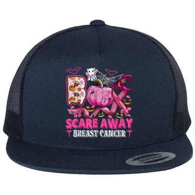 Boo Scare Away Breast Cancer Pink Ribbon Spider Halloween Flat Bill Trucker Hat