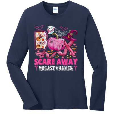 Boo Scare Away Breast Cancer Pink Ribbon Spider Halloween Ladies Long Sleeve Shirt