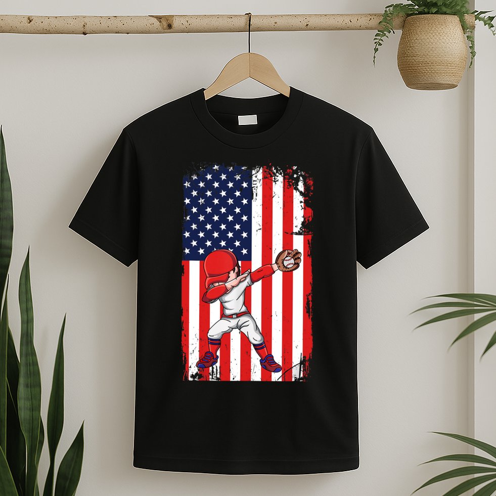 Baseballer Sports Athlete US Flag Dabbing Baseball Player T-Shirt