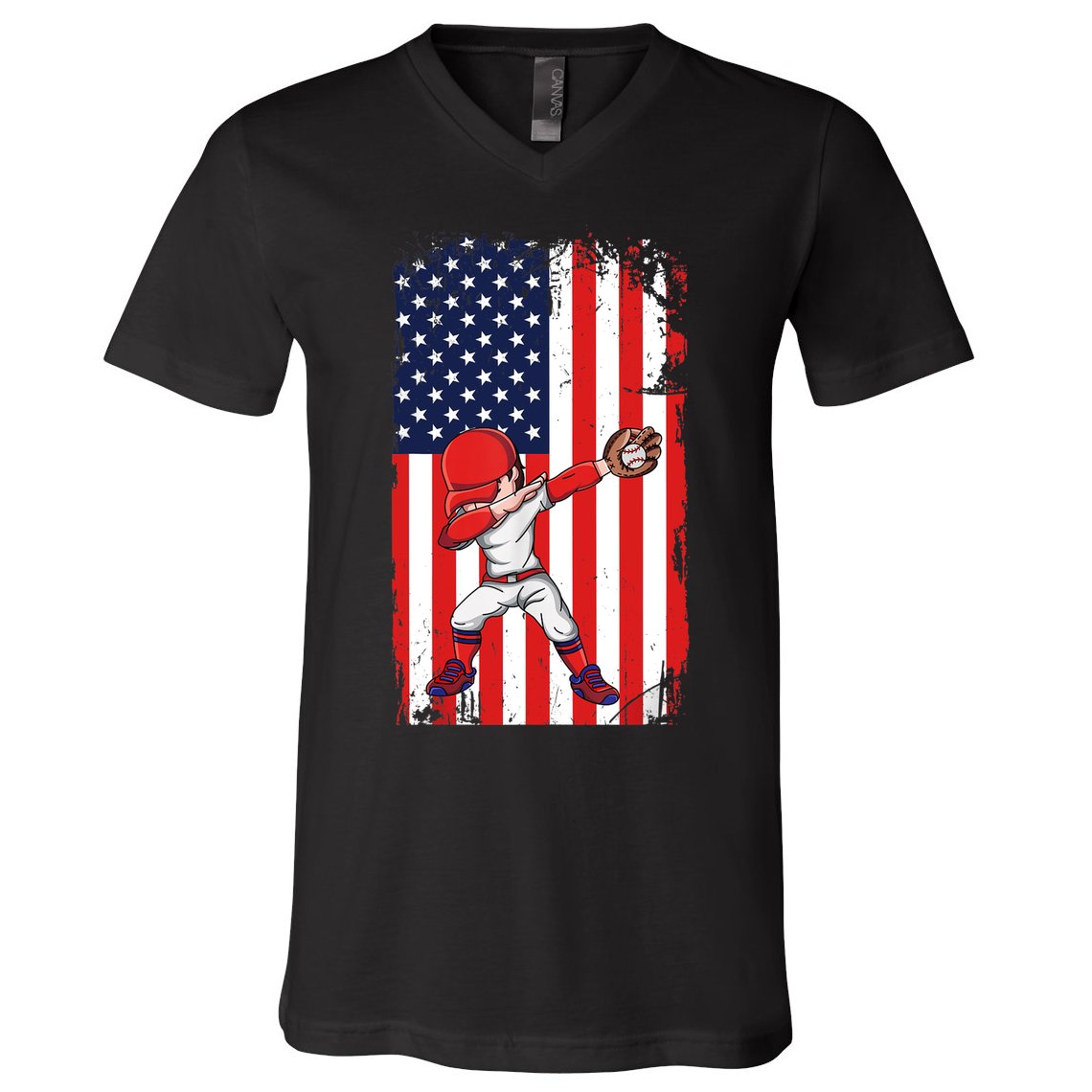 Baseballer Sports Athlete US Flag Dabbing Baseball Player V-Neck T-Shirt