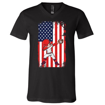 Baseballer Sports Athlete US Flag Dabbing Baseball Player V-Neck T-Shirt