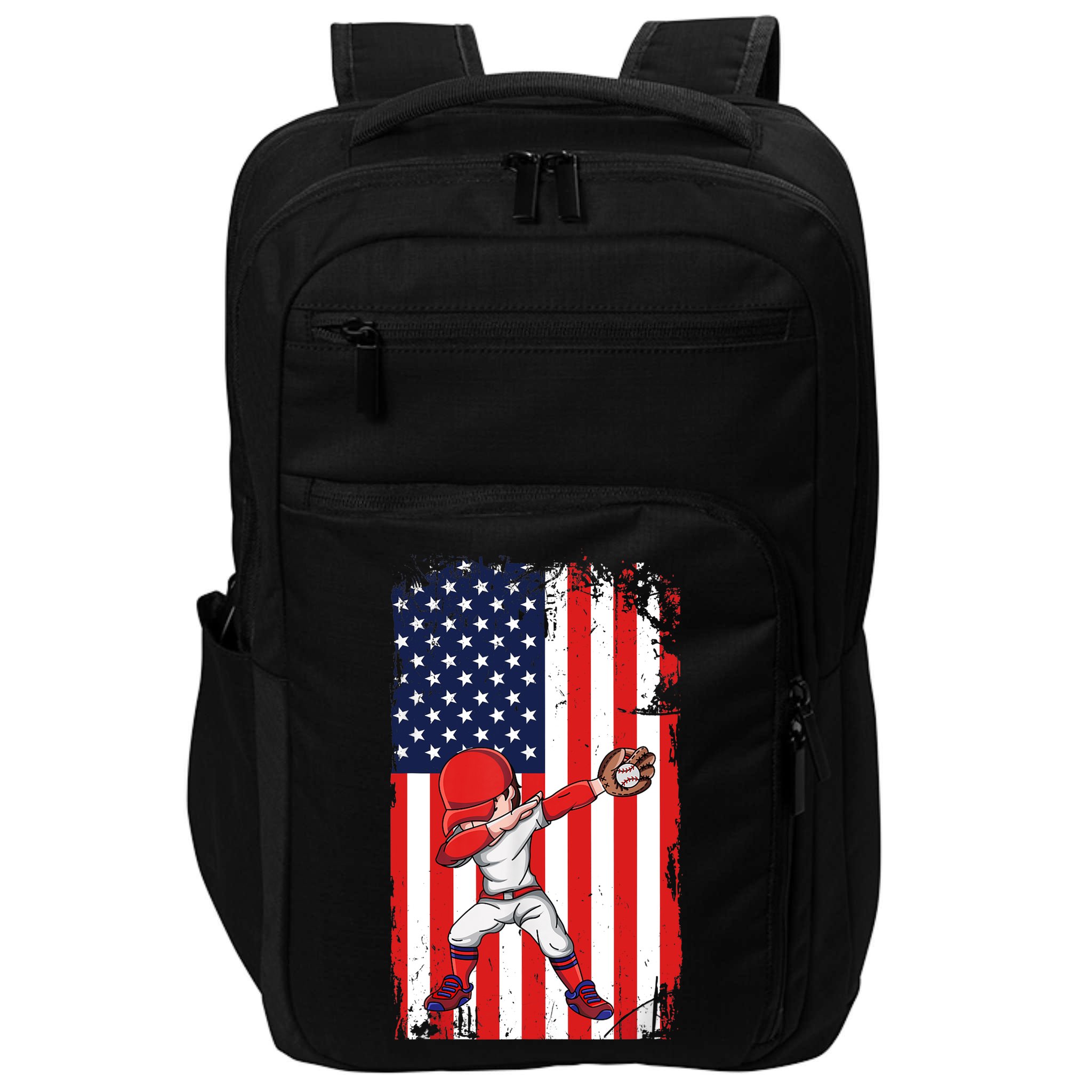 Baseballer Sports Athlete US Flag Dabbing Baseball Player Impact Tech Backpack