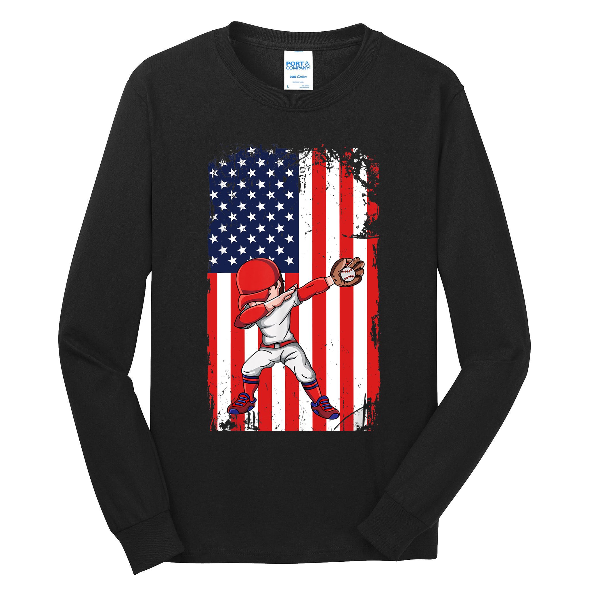 Baseballer Sports Athlete US Flag Dabbing Baseball Player Tall Long Sleeve T-Shirt