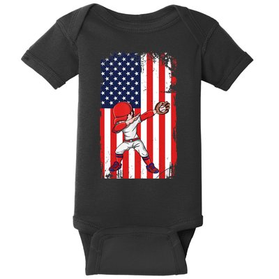 Baseballer Sports Athlete US Flag Dabbing Baseball Player Baby Bodysuit