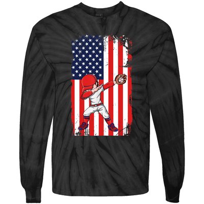 Baseballer Sports Athlete US Flag Dabbing Baseball Player Tie-Dye Long Sleeve Shirt