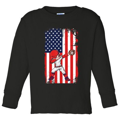 Baseballer Sports Athlete US Flag Dabbing Baseball Player Toddler Long Sleeve Shirt