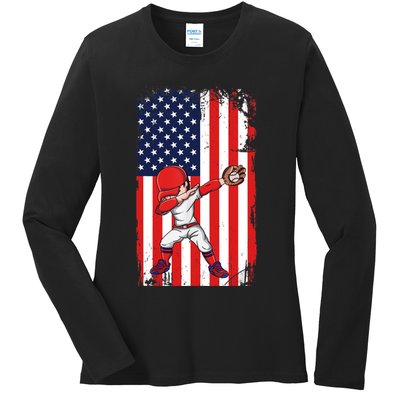 Baseballer Sports Athlete US Flag Dabbing Baseball Player Ladies Long Sleeve Shirt