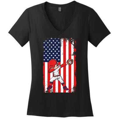 Baseballer Sports Athlete US Flag Dabbing Baseball Player Women's V-Neck T-Shirt