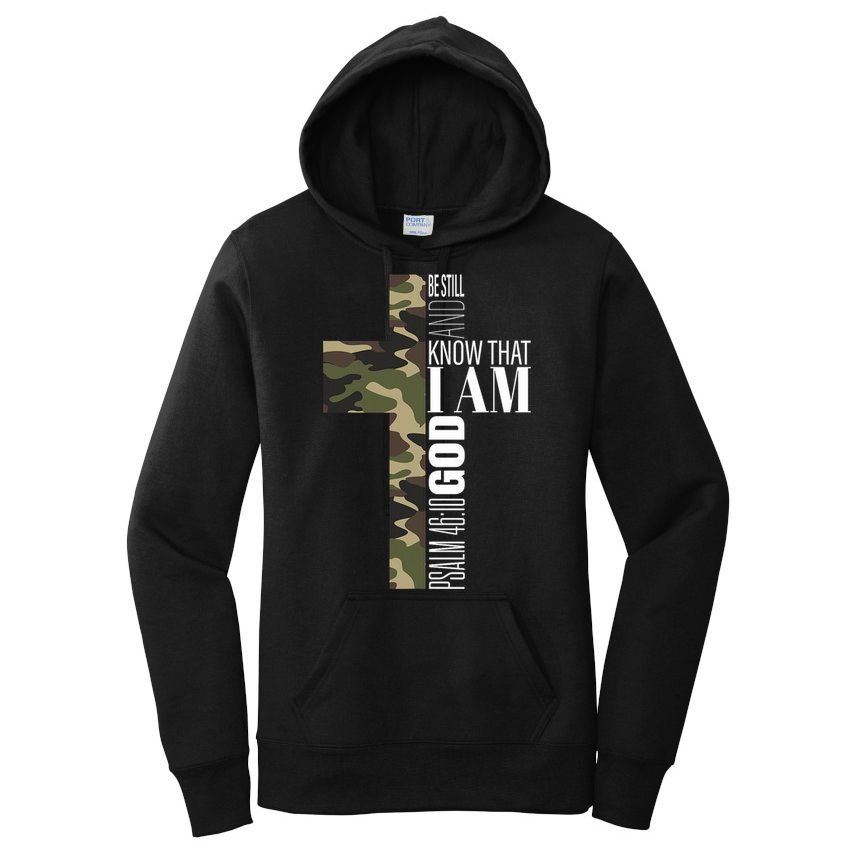 Be Still And Know God Christian Bible Verse Green Camo Cross  Women's Pullover Hoodie