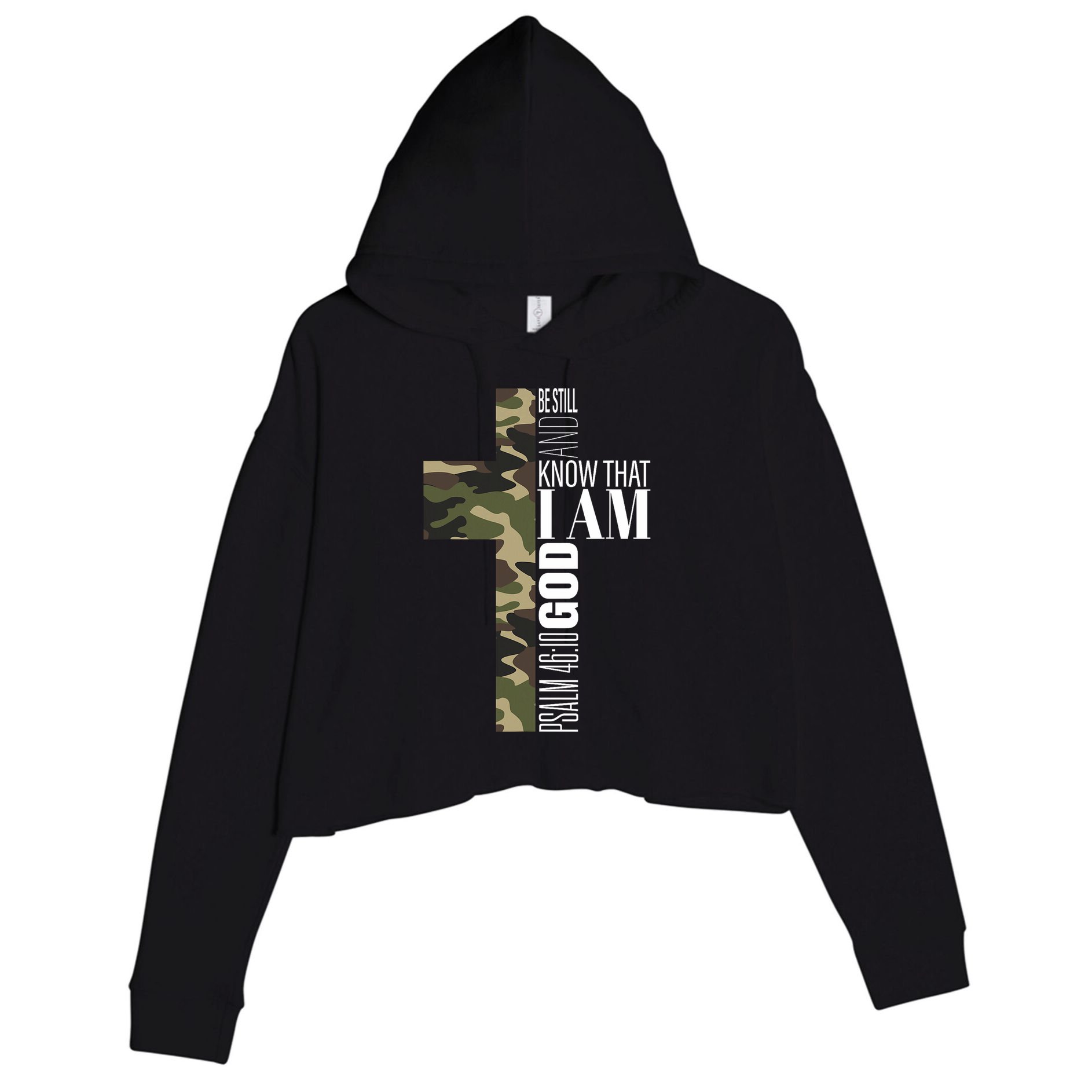 Be Still And Know God Christian Bible Verse Green Camo Cross  Crop Fleece Hoodie