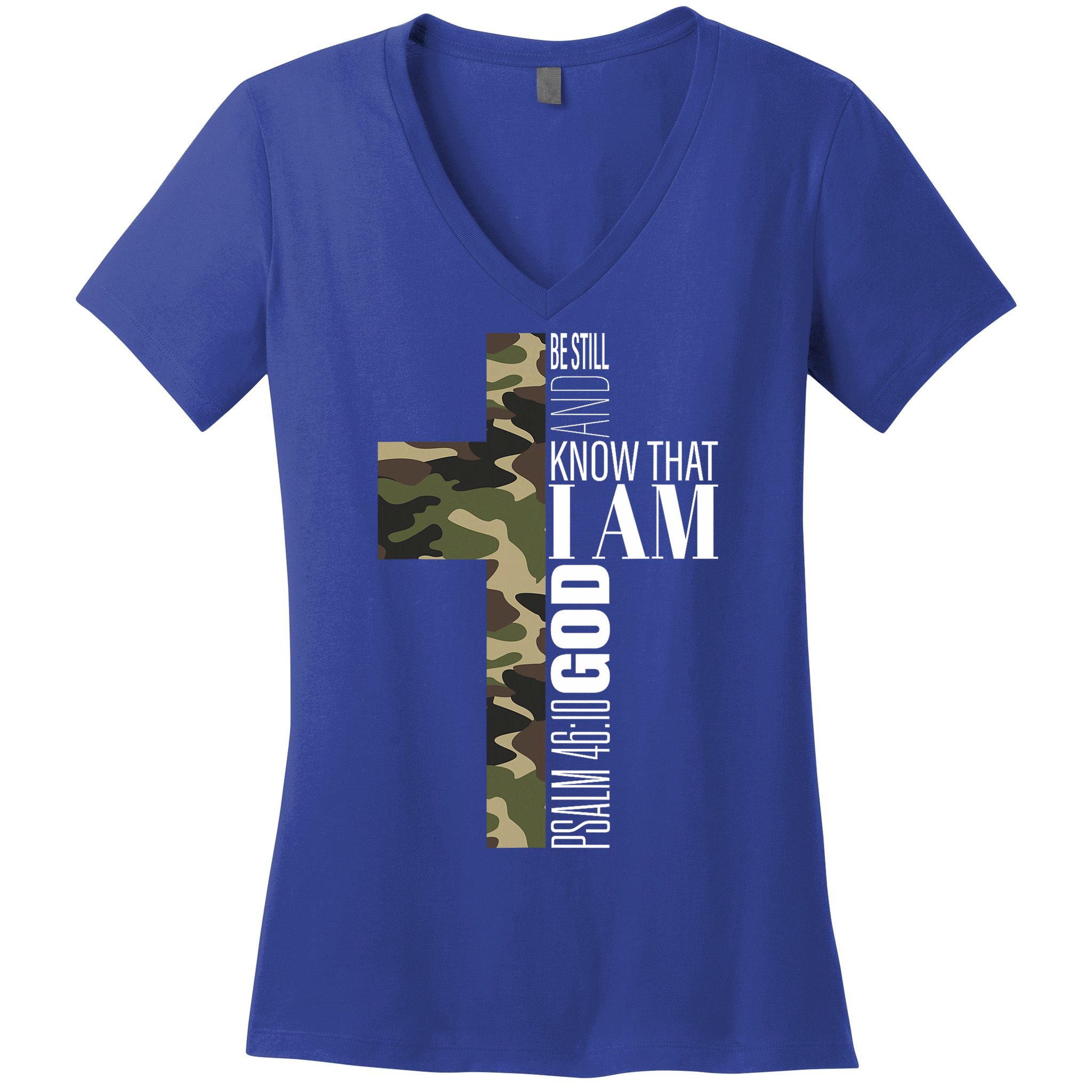 Be Still And Know God Christian Bible Verse Green Camo Cross  Women's V-Neck T-Shirt